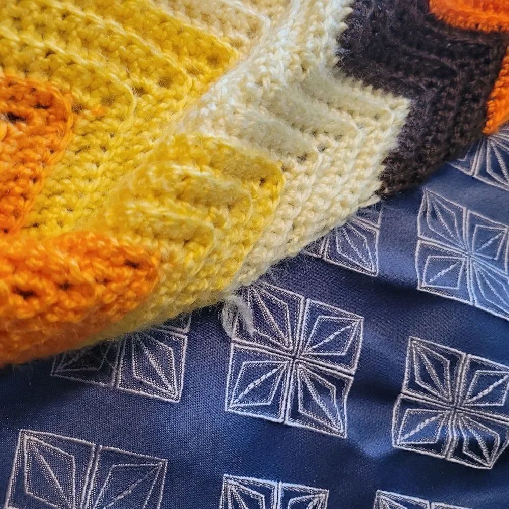 Vintage 70s Afghan Crochet Handmade Orange & Brown Chevron Knit Blanket Throw - Picture 3 of 15